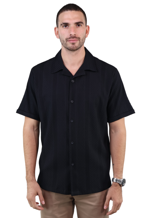 Camisa Negra Manga Corta de Algodón Textura Moderna Stretch para Hombre